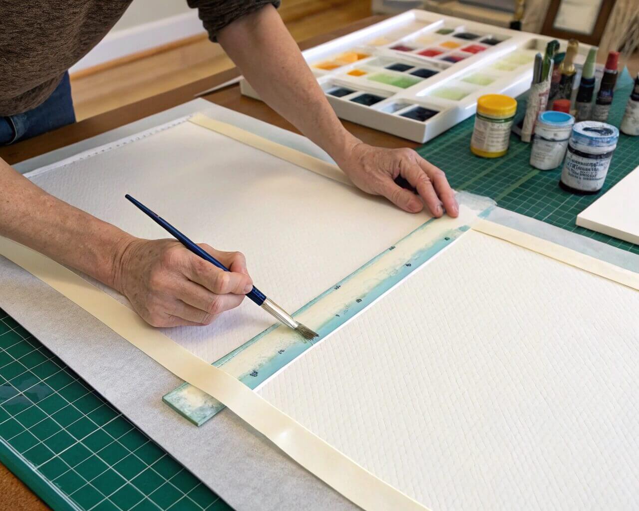 Artist taping stretched watercolor paper