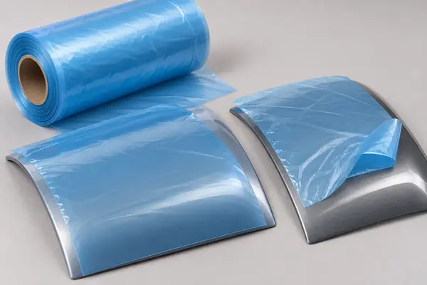 Automotive masking film roll with flat and curled sample sheets on curved metal test panels