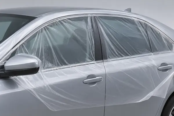 Close view of translucent automotive masking film clinging to vehicle windows and vertical door contours