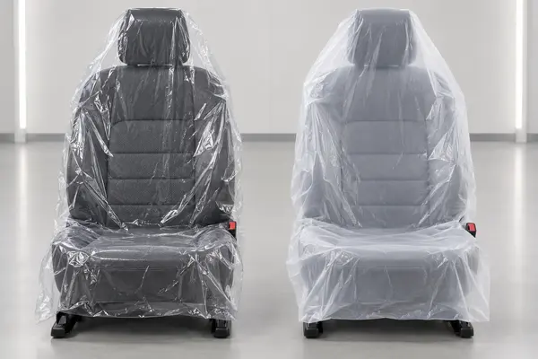 Clear and milky-white disposable plastic covers fitted over two identical automotive front seats