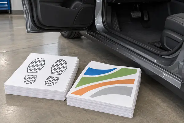 Stacks of one-color and full-color disposable paper car floor mats beside an open vehicle footwell