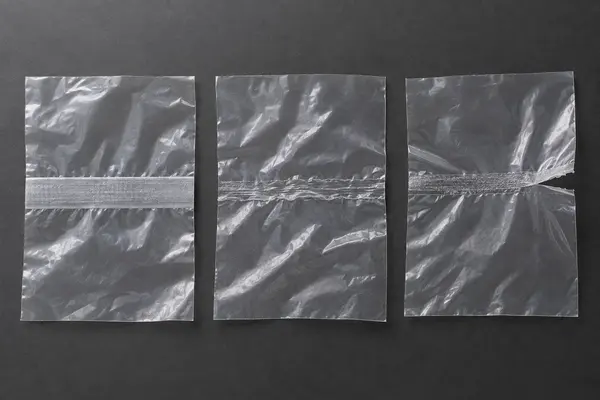 Three transparent disposable car-cover seam samples showing different sealed-band conditions