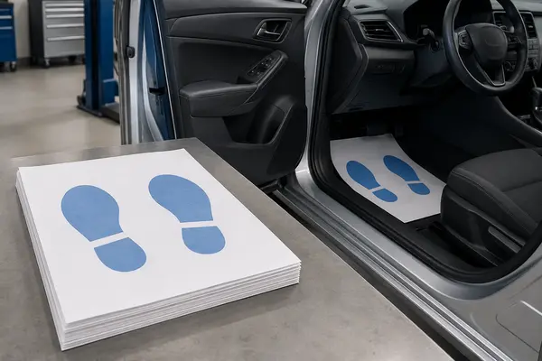 Disposable paper car floor mats in a dealership service area
