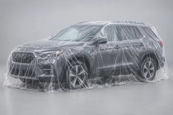 Transparent disposable plastic full-car cover fitted over a generic midsize SUV