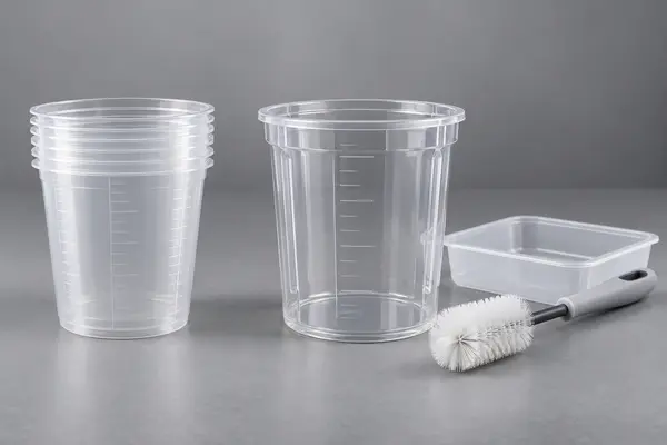 Disposable paint mixing cup stack beside a reusable graduated automotive paint cup and cleaning brush