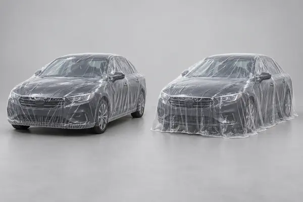 Two transparent disposable full-car covers comparing a gathered elastic hem with a loose open bottom