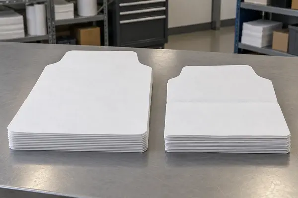 Side-by-side stacks of flat and folded disposable automotive paper floor mats