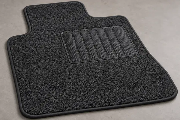 Close view of a flexible textured heel pad attached to an automotive carpet driver mat