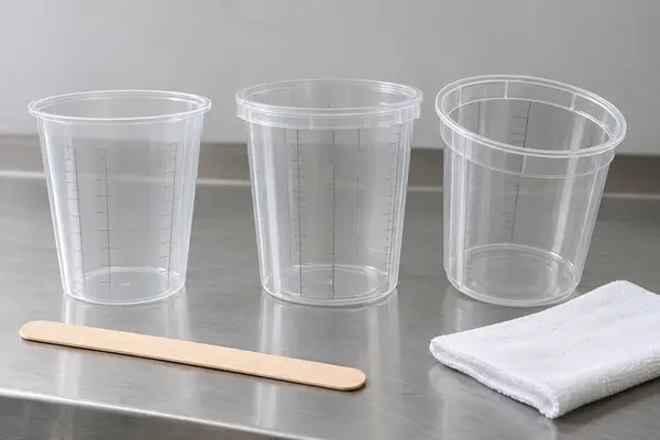 Transparent automotive paint mixing cups arranged for rim and interior cleanliness inspection