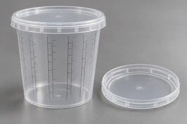 Transparent graduated automotive paint mixing cup with fitted lid and separate lid showing the locking groove