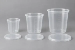 Three sizes of transparent disposable automotive paint mixing cups with correctly matched flat lids