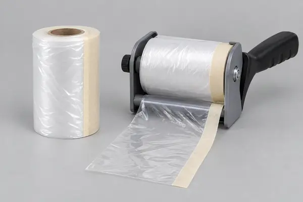 Pre-taped masking film refill beside a handheld dispenser showing the core opening and mounted roll