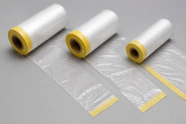 Three automotive pre-taped masking film rolls opened to different coverage widths
