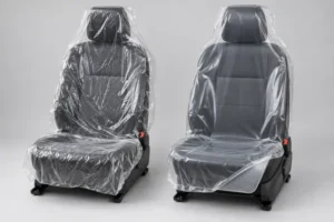 Side-by-side comparison of clear single-layer and dual-layer disposable plastic covers on automotive front seats