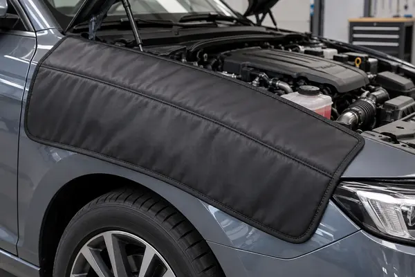 Black reusable automotive fender cover with a reinforced sewn edge protecting a vehicle fender