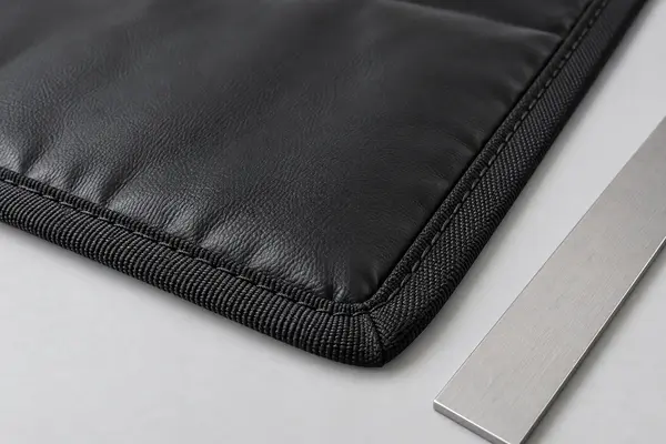 Close view of even stitching and bound corner construction on an automotive fender protection mat
